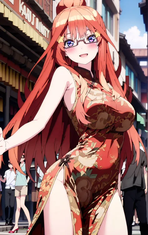 Nakano Mizuki ,  long hair,  blue eyes,  hair ornament,  red hair,  hair bun , star (  symbol ), Lick the boy's penis with half-framed glasses ,  glasses under the rim, star  hair ornament, smile,blush, open the mouth,sleeveless red china clothes,Big Breas...