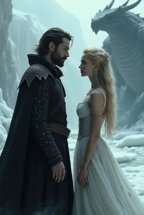 Nécromancien  sombre brun en tenue  avec une légère barbe avec  une femme vampire blonde   au corps de rêve et tenue légère de sois rouge  qui l'observe avec un regard malicieux accompagner d'un dragon squelette qui monte la garde dans un paysage de glace