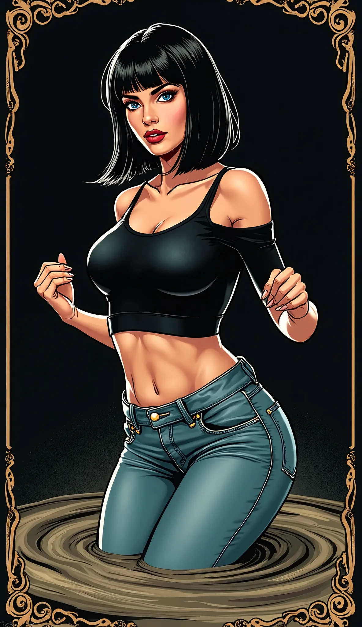   Masterpiece  , comic line ,  orgasm,  is drowning in a tiny mud bog, mature feminine mom  ,   cropped top ,  levis jeans on the back  , straight bob haircut,   turns around,  black background, tarot frame, bold mascara, red lips, detailed eyes, muted viv...