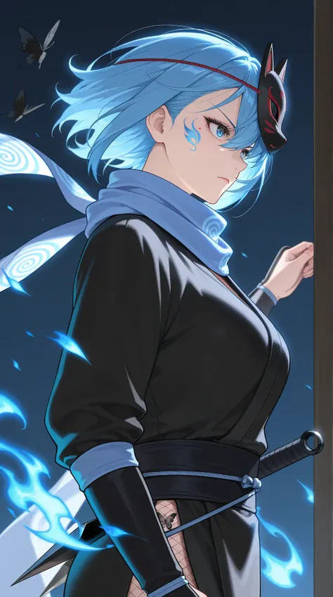  Kunoichi, details face, details character, adult woman, black outfit,Kunai, serious expression, sky-blue hair, mask on head, cat mask , Standing action at night , black butterfly tattoo, Blue flames swirl around, Scarf fluttering in the wind , side view 