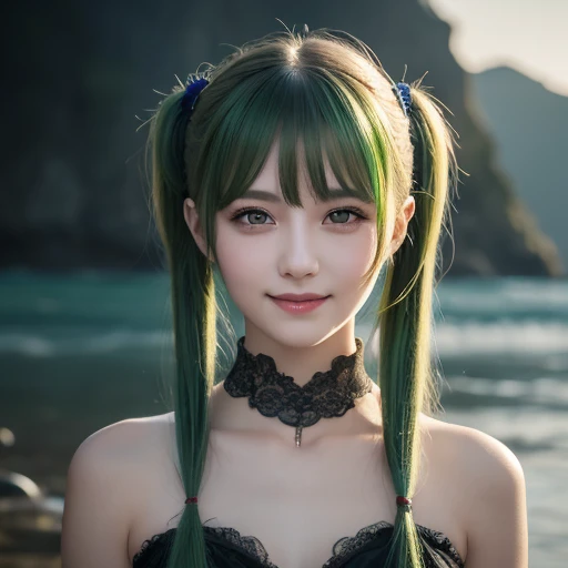  1 girl, Alone,  hair ornament,  green hair,  twin tails,  long hair,  dress, water,, Mid-range portrait photography  ,,  Dark Fantasy Backdrop , Charming grin.,  ultra-realistic and highly detailed intricate photorealistic analog style、Sharp focus of the ...