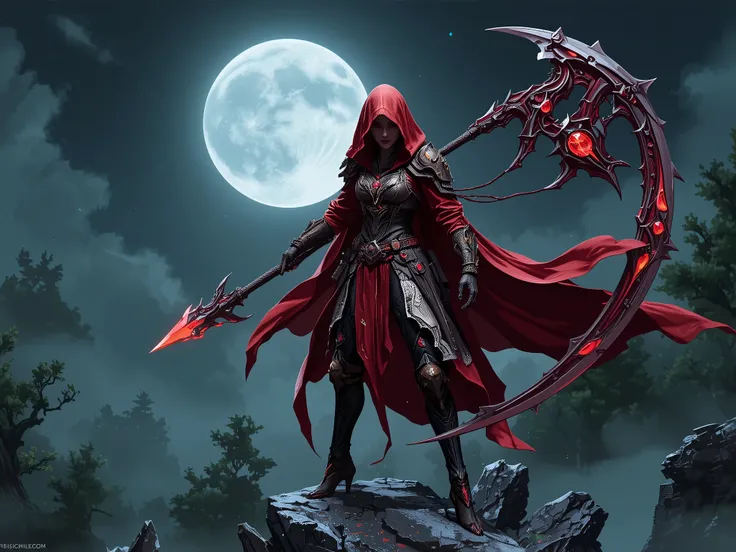 Now a fearless warrior, Ruby stands atop a rocky cliff, wearing an intricately designed red and white battle outfit with gothic elements. Her long red hooded cape flows in the wind as she wields a massive, enchanted scythe with glowing red gems. The full m...