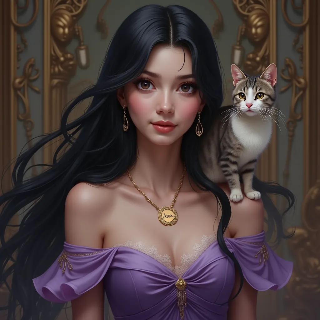  princess with one cat in her shoulder has a necklace that name Aien, black hair,purple dress, realism