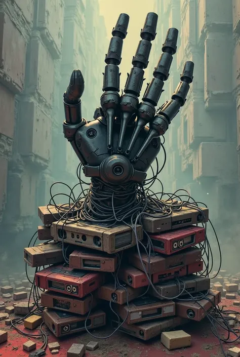 A Terminator hand trying to get out of a lot of old tapes.  album cover  