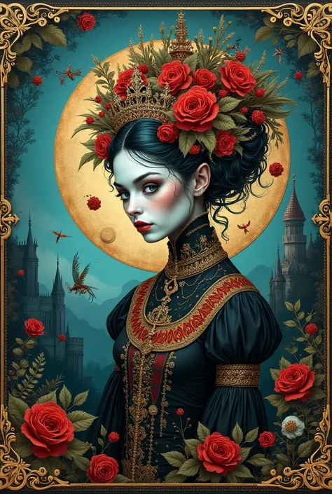 concept design sheet,   A lavish, intricately detailed Portrait elegant and graceful, depicting surreal, eerie imagery with fantastical elements and bizarre scenes in ebony and gold, turquoise, red, blue and white tones, adorable and cute. Castle and creat...