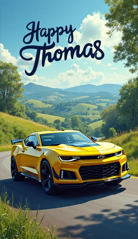 A birthday panel A yellow Camaro car, in a landscape Write Thomas In drawing, horizontal Lying image