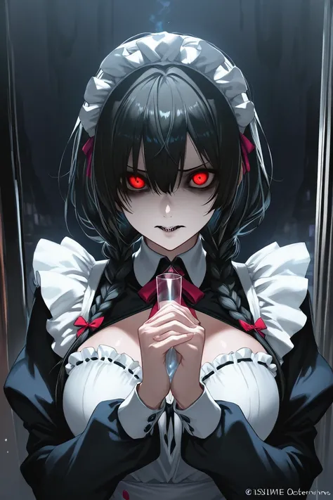 【high quality】【masterpiece】
【Precise and delicate drawing】
【 Dynamic Lighting 】
Black Haired Braided Maid , glass,  sharp eyes, No emotion, A personality with a dark atmosphere　 has poor eyesight