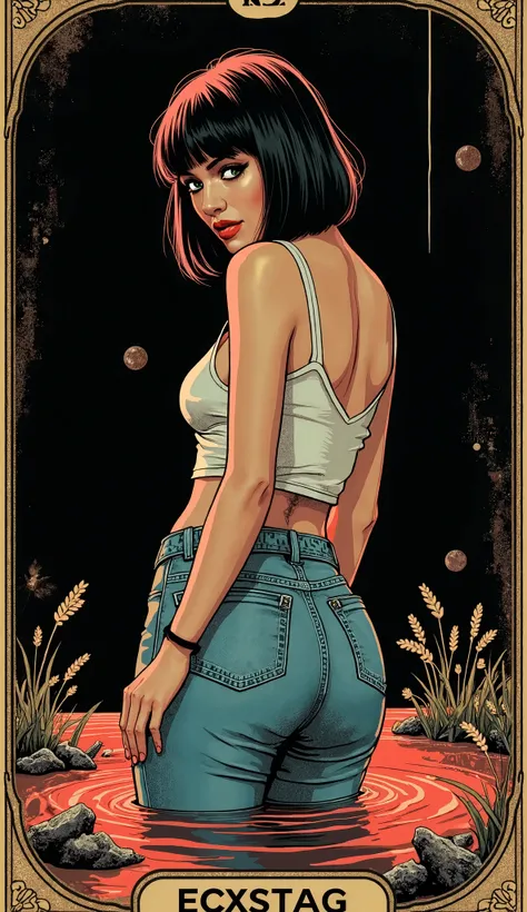   Masterpiece  ,vintage comic line ,  orgasm,  is drowning in a tiny mud bog, mature feminine mom  ,   cropped top ,  levis jeans on the back  , straight haircut,   turns around,  black background, tarot frame, bold mascara, muted vivid colors