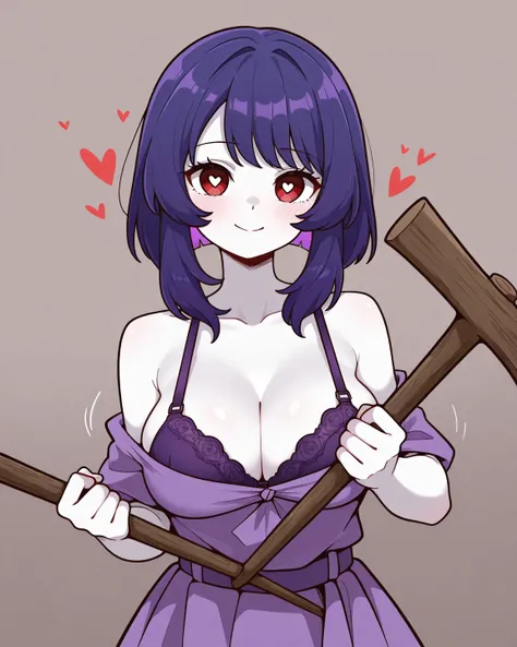 Woman with purple hair, red eyes, heart-shaped face, white skin, beautiful appearance, perfect hourglass figure, large breastBig breastBig breastBig milkThe highlight of the image is wearing an optimus prime island dress, not closed at the chest point, str...