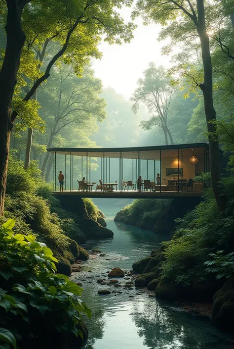 A video filmed from inside a glass house amid a beautiful nature