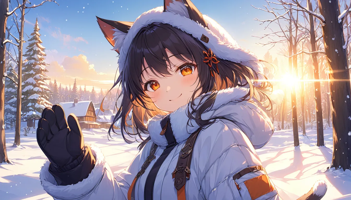 ( top quality:1.05),  1 girl, Winter clothes,  Details Clothes  , high quality Winter clothes,  intricate detail on the edge of the garment, Mittens,  smiles, cold, Forest Village, snow, snowing,  sun rays , Shine, dawn, Sunset, Cat ears,  orange eyes,   w...