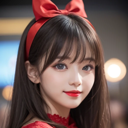 ( very delicate and beautiful: 1.2),  1 girl, bangs, blue eyes, Blur, Blur background, bow,  tea hair, shut up, Side View,  hair between eyes , hair bow,  lantern,  light particles,   long sleeve ,  watch the audience,  medium hair ,   knight , red bow, Al...