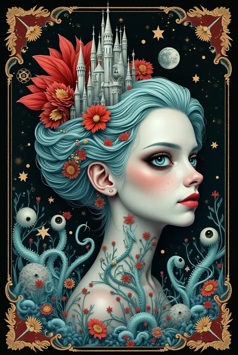 concept design sheet,   A lavish, intricately detailed Portrait elegant and graceful, depicting surreal, eerie imagery with fantastical elements and bizarre scenes in ebony and platinum, turquoise, red, blue and white tones, adorable and cute. Castle and c...