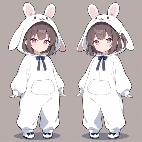  Top Quality、8k、16k、 super resolution、 pale beige short bob、 partial braid hairstyle with one side up and one side up、Teenage Girl、 detailed face、 Details、 pink eye、 slightly moody expression on the lips、Kigurumi costume with the image of a rabbit:1.2、 sim...