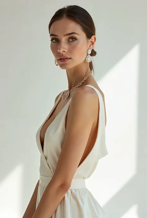 a full-length promotional photoshoot of a model for advertising clothes and jewelry. The background is white with soft shadows that emphasize her complexion.