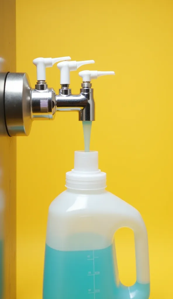 "A side view of an industrial liquid dispensing system with exactly four slim white plastic nozzles, all securely attached to a metallic machine. Only one nozzle is actively releasing a continuous, smooth stream of slightly transparent blue liquid soap int...