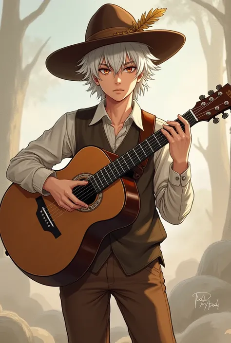 Anime comic male, brown vest and pants, white blouse, robin hood style hat, acoustic guitar on his back, white hair and orange eyes