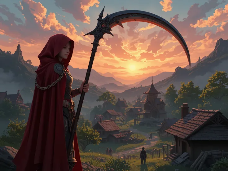 Standing at the edge of a now peaceful village, Ruby watches the sunrise, her scythe resting on her shoulder. Her red hooded cape flutters gently as she smiles softly, knowing she has avenged her family and protected the innocent. Behind her, villagers reb...