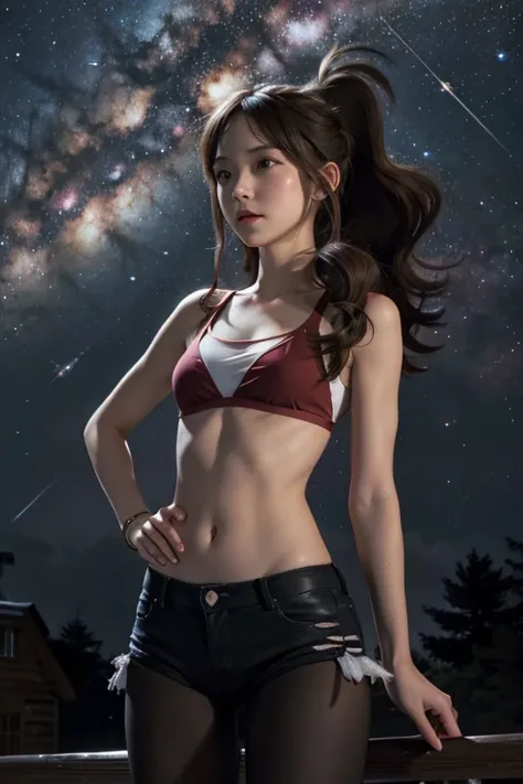 hilda, Red bra,  slim body,  small bust, hands to the chest,  pretty legs,  black tights , cabin,  Starry Sky, milky way, 