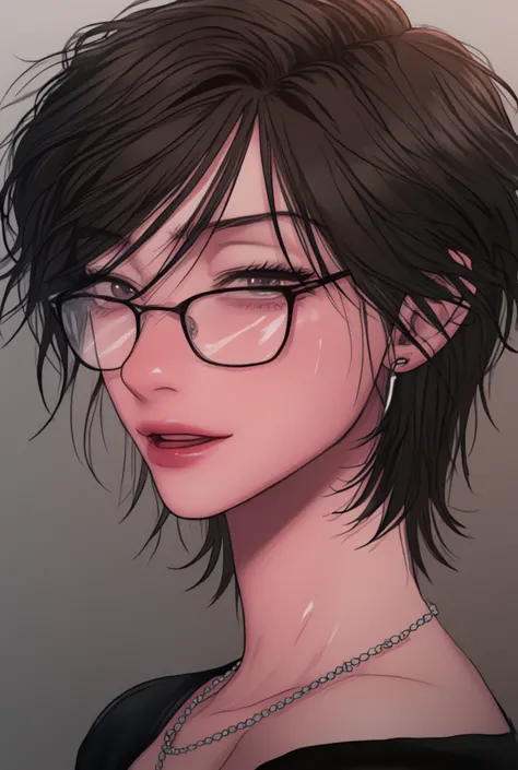 Girl with short black hair in layers, piercings on her nose ,  piercieng on the lip , black frame glasses.