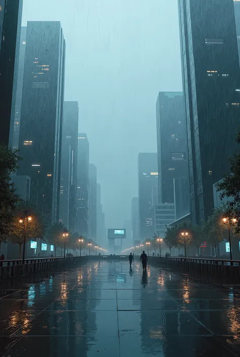 Make a futuristic and beautiful city wet with rain