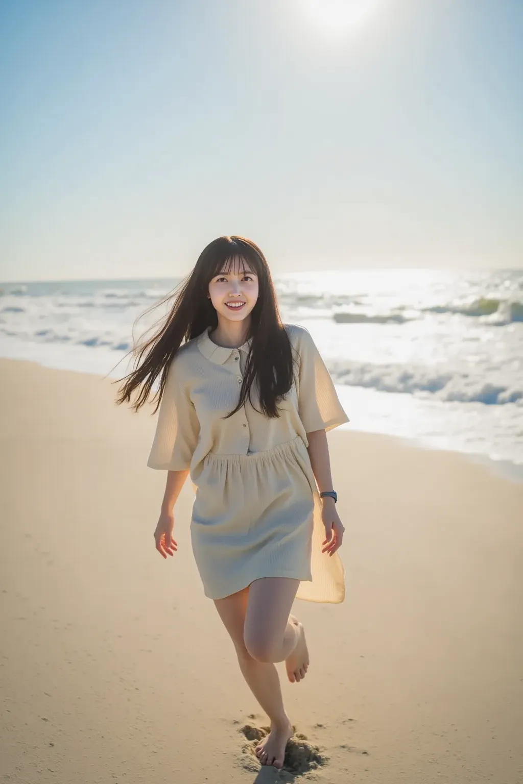 "A young woman with long, flowing hair, wearing a light, summery dress, running joyfully along a sandy beach. The sky is bright and clear, with the sun shining down on the sparkling ocean in the background. Her bare feet are kicking up the sand as she runs...