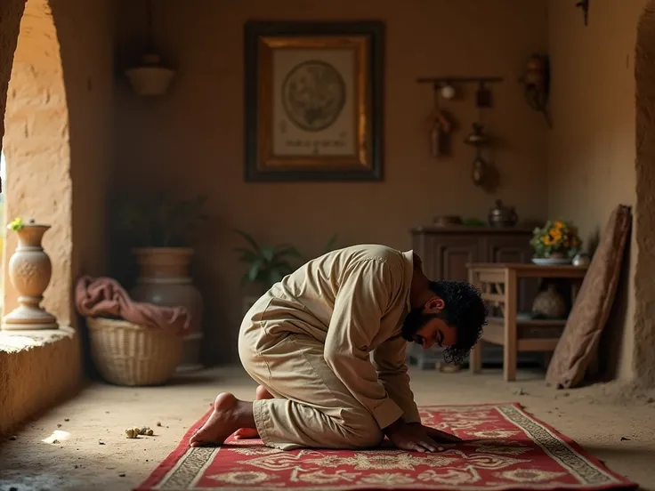 pakistani handsome villager man is bow down their head on floo in village room