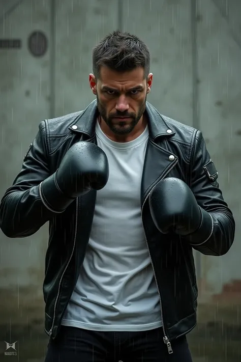 I want an image of a man wearing a black leather jacket with a white t-shirt in a kickboxer combat position in front of a wall in a pouring rain 