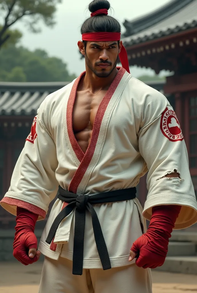 ( cinematic environment ) Faça o Riu do Street Fighter,  with a karate kimono ,  white karate kimono pants ,  on the top of the karate kimono , está rasgado nas mangas e aparecendo os braços  musculars, And parts of the knitted fabric on the torn sleeves ,...