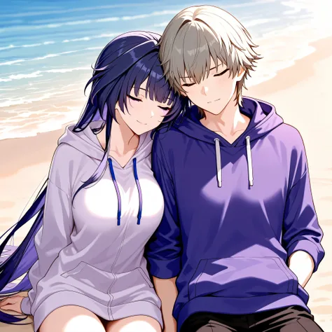 Love couple, Caelus Honkai Star Rail and Raiden Mei, leaning on each other, wearing hoodie, beach in background, masterpiece, best quality, High resolution 