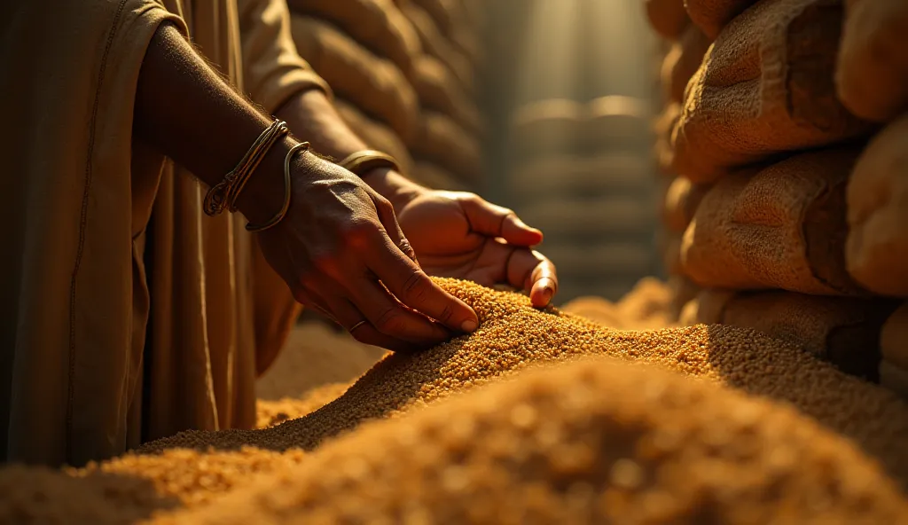 A Close-Up of Joseph’s Hands Pouring Grain in a Storage Room, Symbolizing His Wisdom in Managing Egypt’s Resources – A meaningful representation of stewardship.