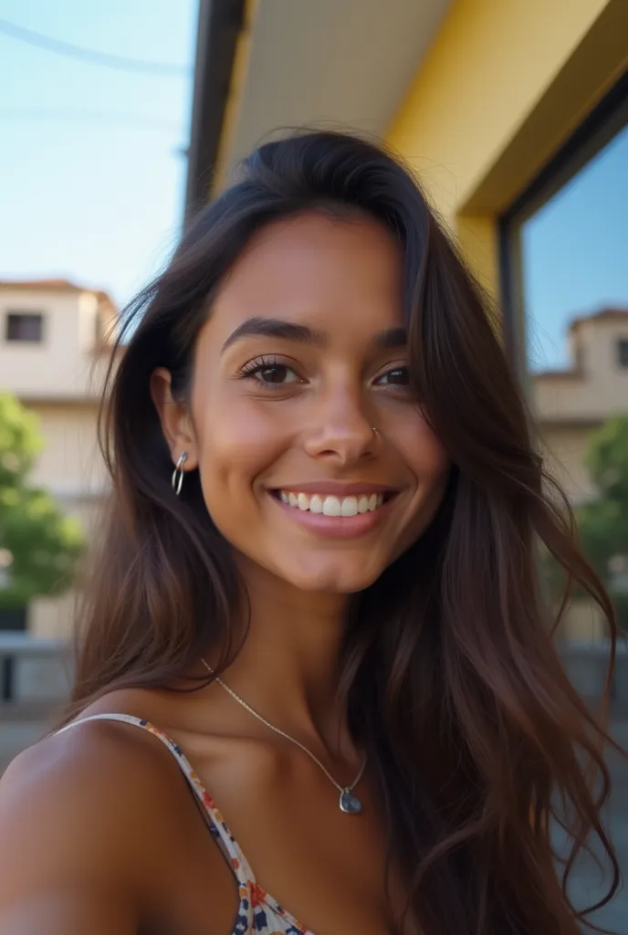  Create a selfie photo of an ordinary Brazilian brunette woman , with a common scenario in the background .  The photo must be in the foreground as if she were holding her cell phone, Women must have very brown skin and be young 