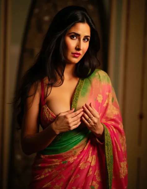 A woman with long dark hair wearing a colorful saree, leaning forward with her hands on her large breasts, downblouse creating a deep cleavage, extremely detailed face, beautiful detailed eyes, beautiful detailed lips, extremely detailed skin texture, intr...