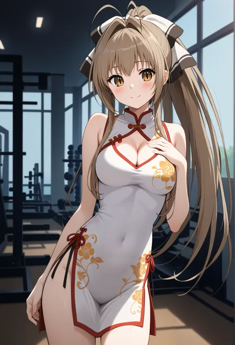  source_ anime, aaisuzu, one girl, Alone, (cowboy shot),  long hair,  brown hair at the gym, Antenna Hair,  ponytail,  hair bow,  brown eyes,  Tiny Breasts , cleavage,  pretty butt, (bright smile:1.2), (shy:1.1), (blush), ( sexy pose), (long slit:1.2), (ch...