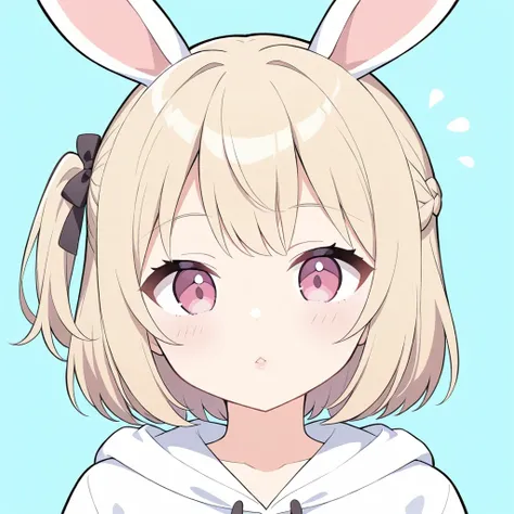  Top Quality、8k、16k、 super resolution、 pale beige short bob、 partial braid hairstyle with one side up and one side up、A beautiful teenage girl、 detailed face、 Details、 pink eye、 slightly moody expression on the lips、Kigurumi costume inspired by a white rab...