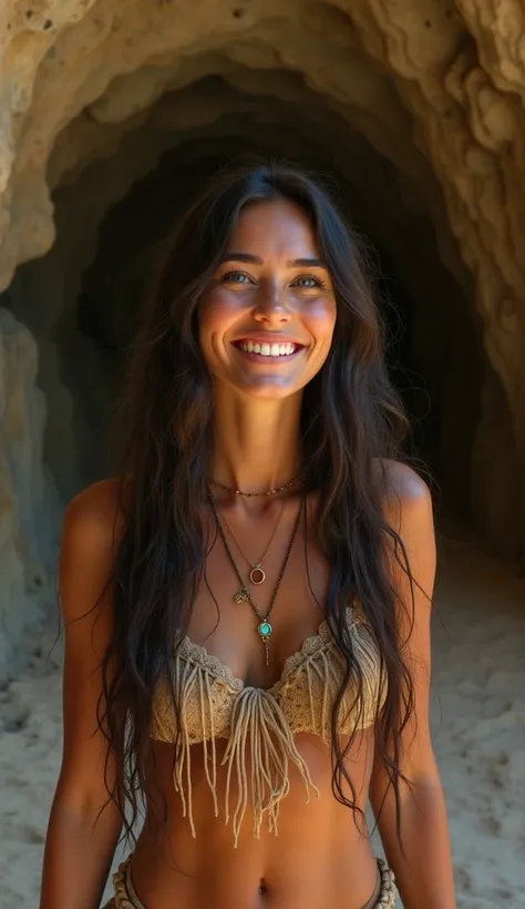 Smiling cheerful suntanned cave woman with very long down loose hair down to her hips and blue eyes in a cave