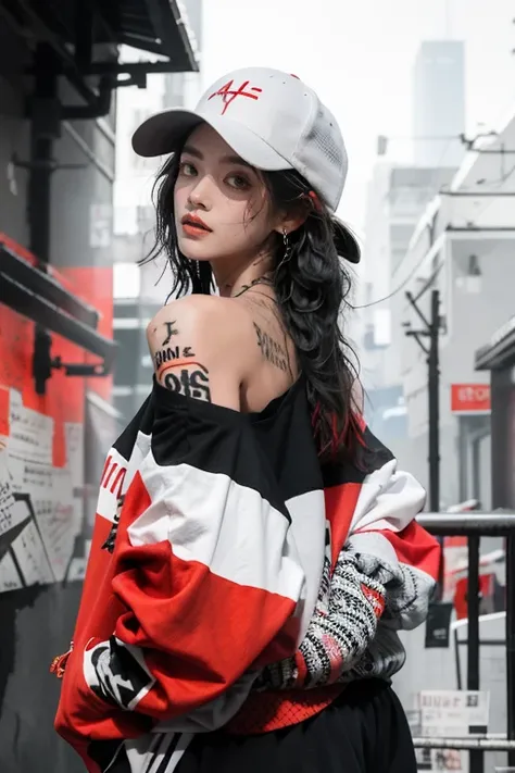 1 girl,Back splash, Red Paint Splatter Sweatshirt(black),Tattoos of the face and neck, One off-the-shoulder garment,Baseball cap,Alchemy Laboratory,The mystery of the unknown,Put your hands in your pockets,Random colorful long hair,Shoulder-length hair,bla...