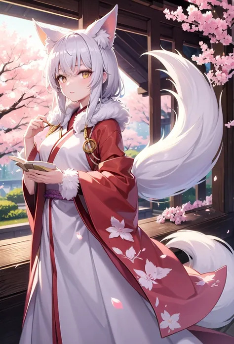 Japanese terrace, cherry blossom grove view,  Anime style,  wide view ,  fluffy . White fox,  under-eye marking ,  crystal horn  , yellow eyes,  dress Wears ,  flower petals ,  scattered light， Ultra-thin fur ，volumetric light， natural light ， fox tail ，It...