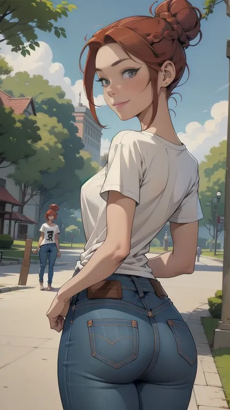 slim figure, small stature (t-shirt,  jeans), (Redhead, Braided Bun), (park),   and I was proud of her straight back , Stick your butt out.、Sensual pose, Beautiful smile, 