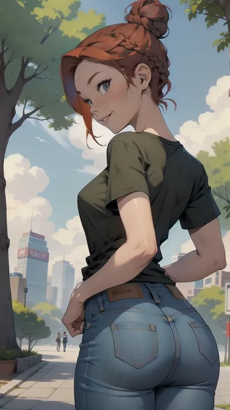 slim figure, small stature (t-shirt,  jeans), (Redhead, Braided Bun), (park),   and I was proud of her straight back , Stick your butt out.、Sensual pose, Beautiful smile, 