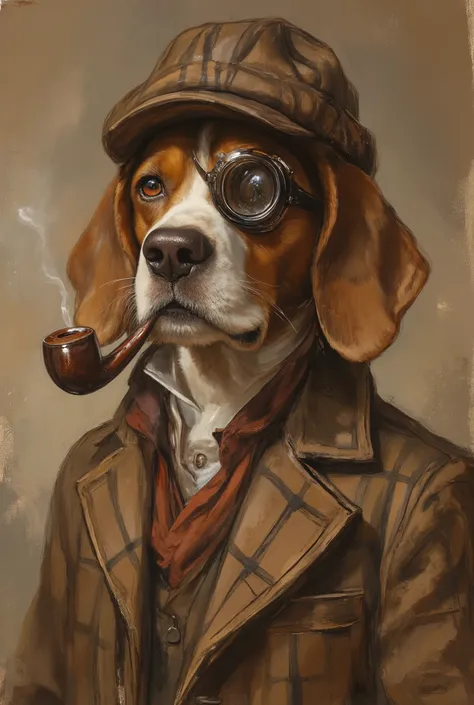 Anthropomorphic beagle dog Burberry check dressed as Sherlock Holmes, portrait, Toy tobacco pipe, monocle, ultra detailed, absolutely resolution, masterpiece, illustration art