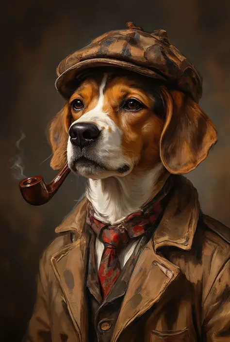 Anthropomorphic beagle dog Burberry check dressed as Sherlock Holmes, portrait, Toy tobacco pipe, monocle, ultra detailed, absolutely resolution, masterpiece, illustration art