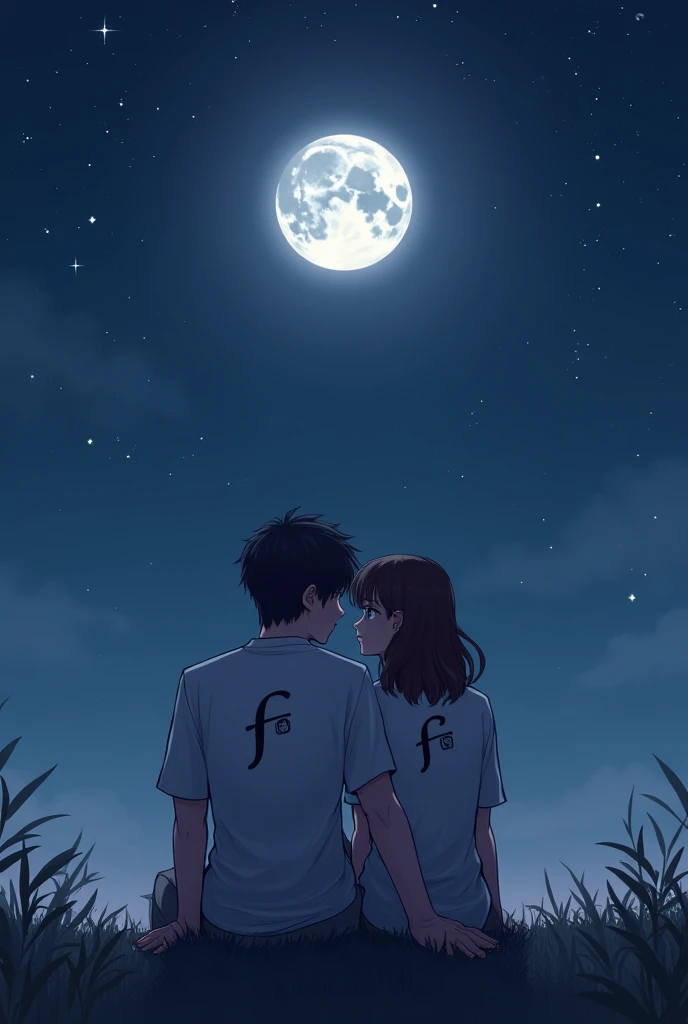 A couple who is sitting And both are looking at each other And the moon is seen on the sky And F and F is written behind the shirt of both couples 