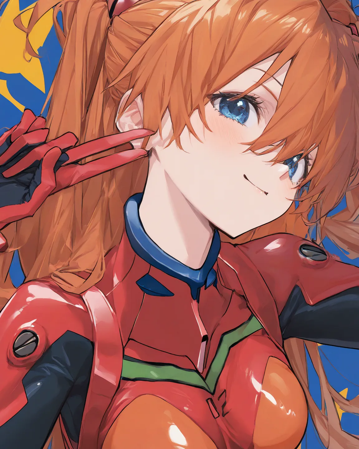    top quality,       masterpiece,         8k Wallpaper、  、、  latest,                    woman 1 person、         Soryu Asuka Langley   、     orange hair、       blue eyes、       red plug suit、    Light blue background   、   cute background 、   smile、   beau...