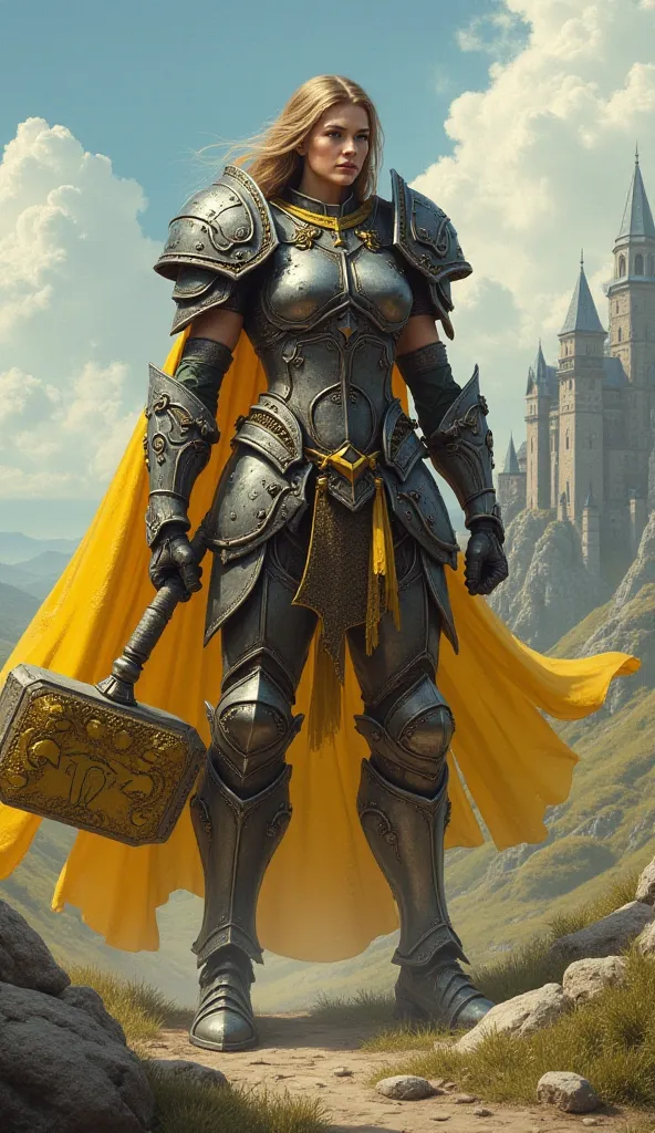 Female muscle big Armor yellow hammer medieval standing body 