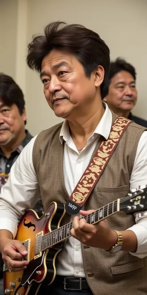 A photo of a young black man with an electric guitar in the 1950s. He is wearing a white shirt and a patterned vest. He has his eyes closed and is playing the guitar. The background is blurred and contains other musicians. The lighting is warm.