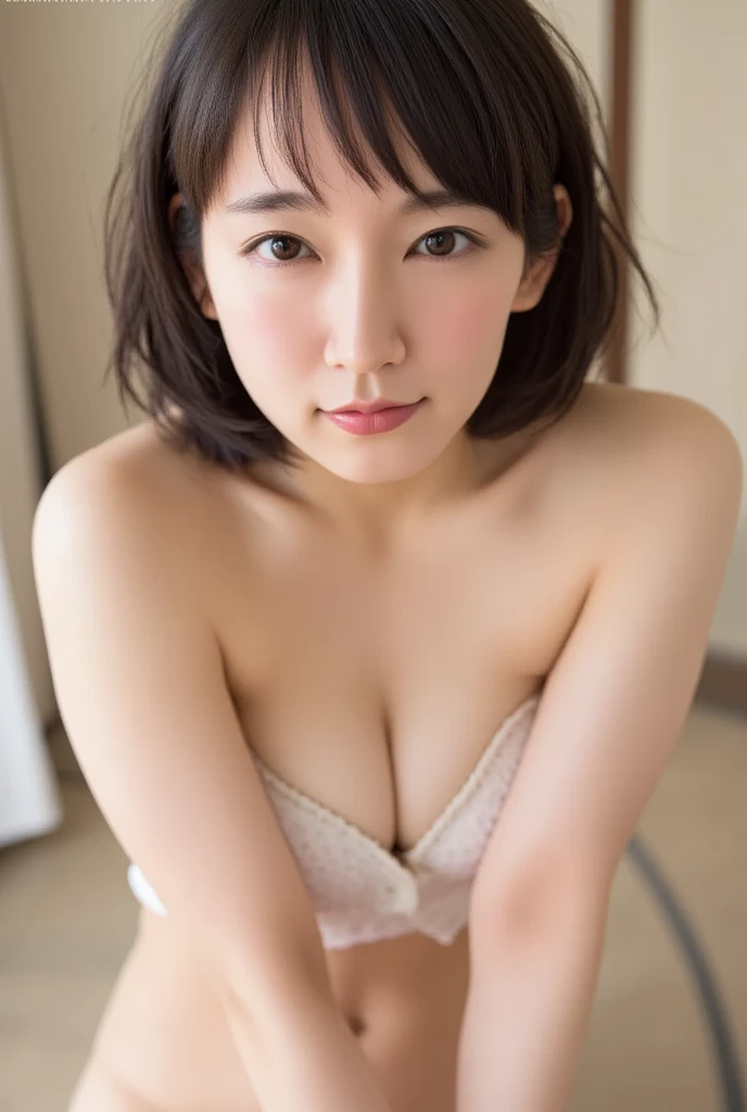 topless 1 female、beauty,Beautiful Face,smile、,(Accentuates body lines:1.5) 、A dignified appearance,Crouch down and observe the audience、((Plump Style)),((Medium chest)),(Saggy breasts:1.5)、Front view,Focus on the chest、 ultra-realistic,Ultra-high resolutio...