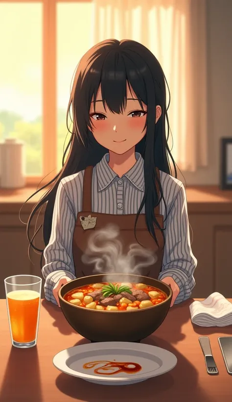  anime picture　smile　「 Japanese home cooking nikujaga 、Served in a porcelain bowl 、 bright amber-colored broth 、 The diced beef, potatoes, carrots, and konnyaku noodles shine。 Warm scene where steam rises 、 blur the Japanese kitchen into the background 、 S...