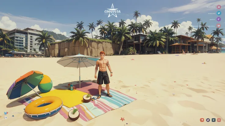 Asian Boy、Age 27、Bright redhead、 blue eyes、Muscular and healthy、tattoo on arm and left chest 、 shirtless black shorts、 beach、 coconut tree、environment with a sandy parasol 