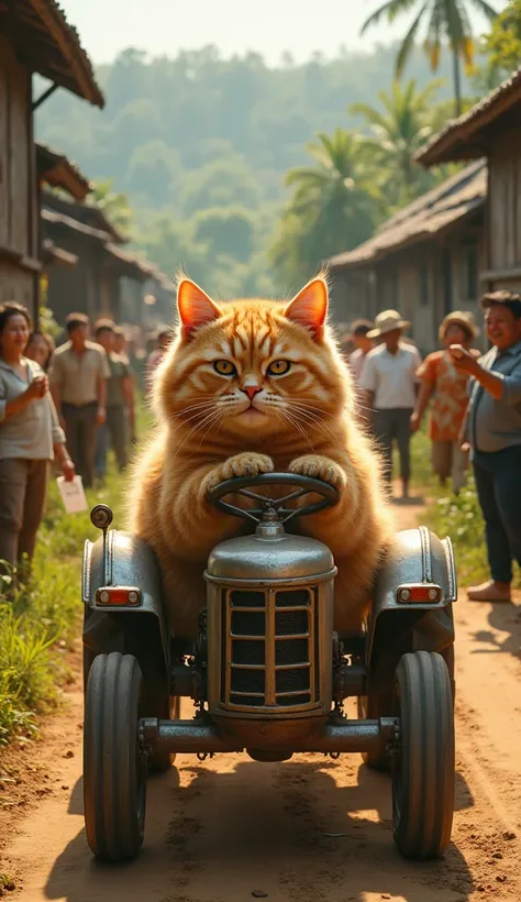 "A highly detailed and ultra-realistic image of a chubby, adorable orange cat sitting on a traditional Thai walking tractor, gripping the handles as if expertly steering. The cat's fur is fluffy and well-groomed, with expressive eyes full of curiosity and ...